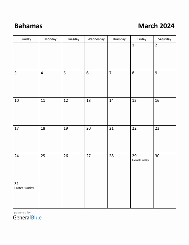 Free Printable March 2024 Calendar for Bahamas