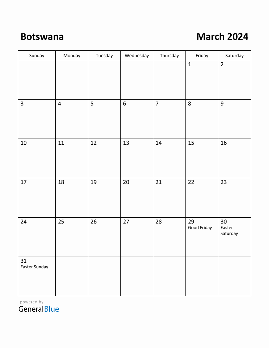 Free Printable March 2024 Calendar for Botswana