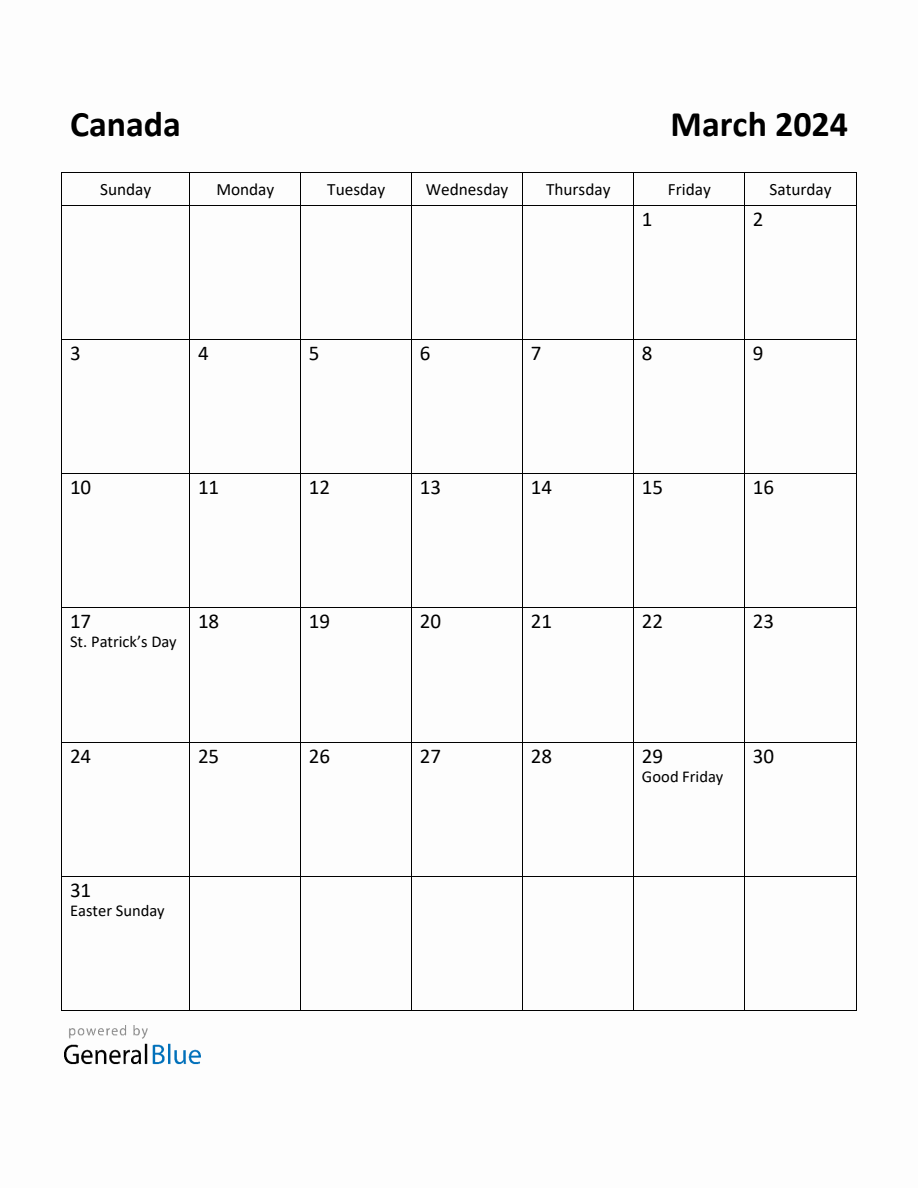 Free Printable March 2024 Calendar for Canada