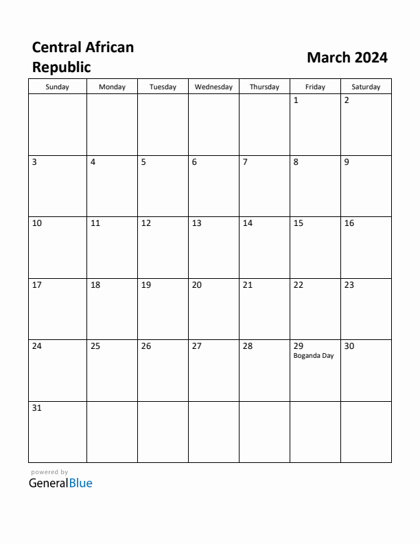 March 2024 Calendar with Central African Republic Holidays
