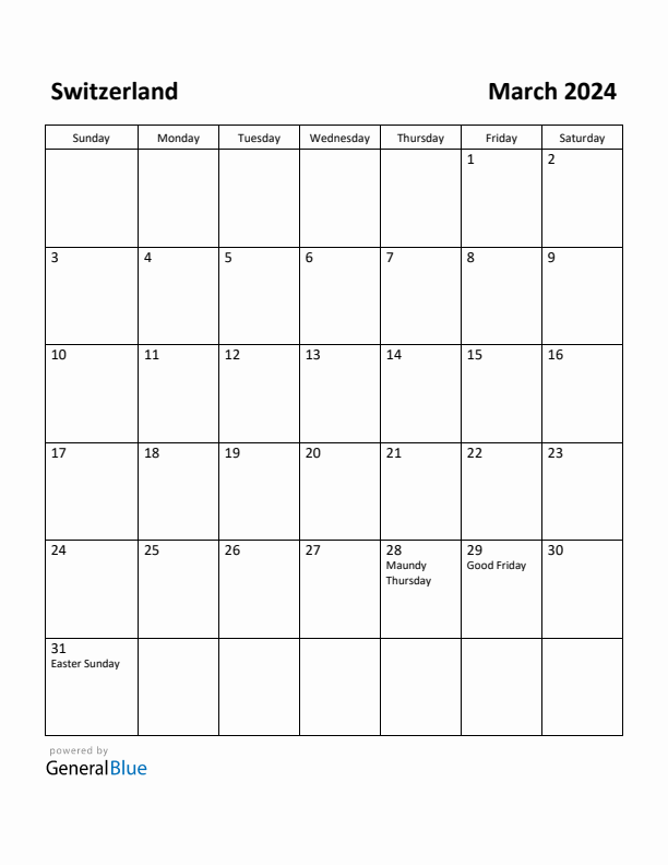 Free Printable March 2024 Calendar for Switzerland
