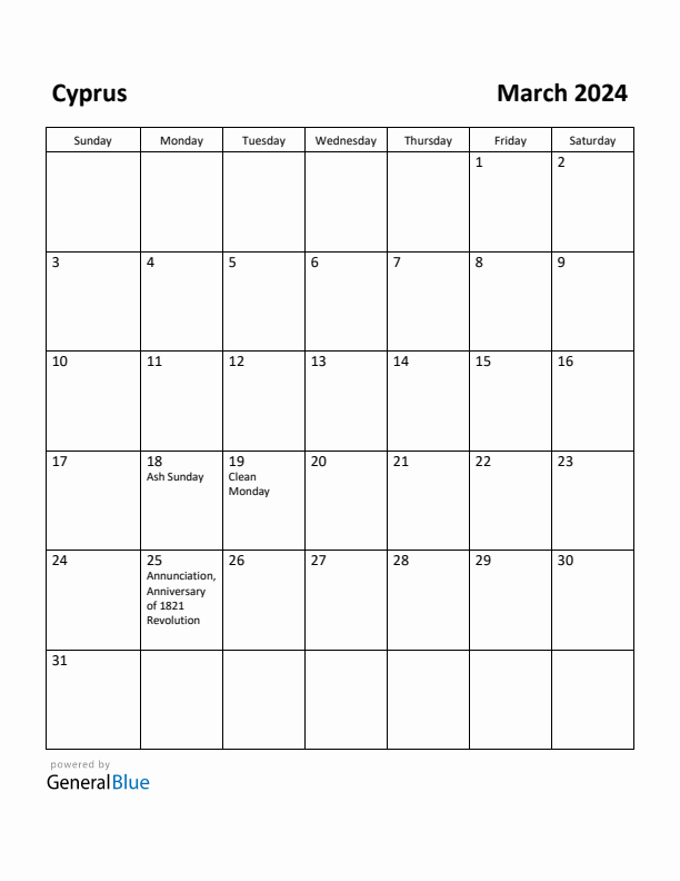 Free Printable March 2024 Calendar for Cyprus