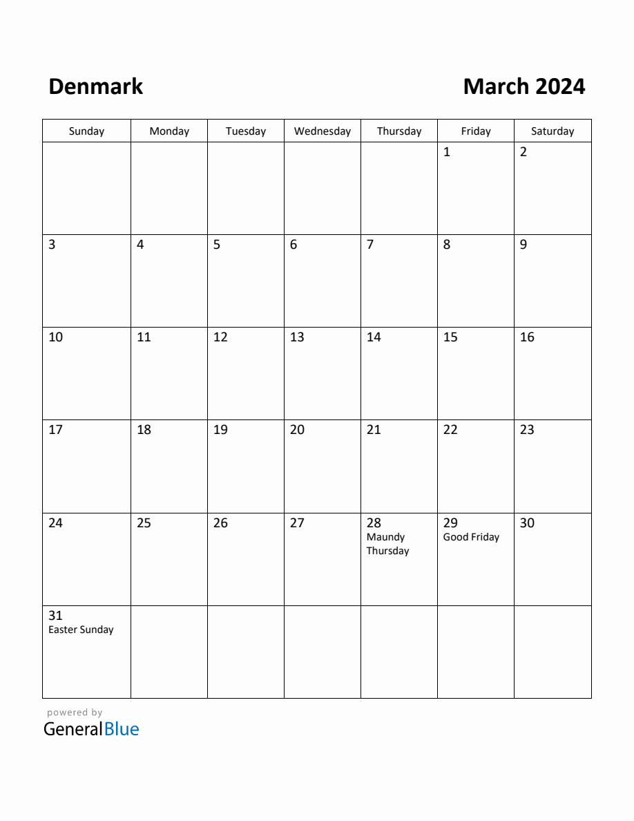 Free Printable March 2024 Calendar for Denmark