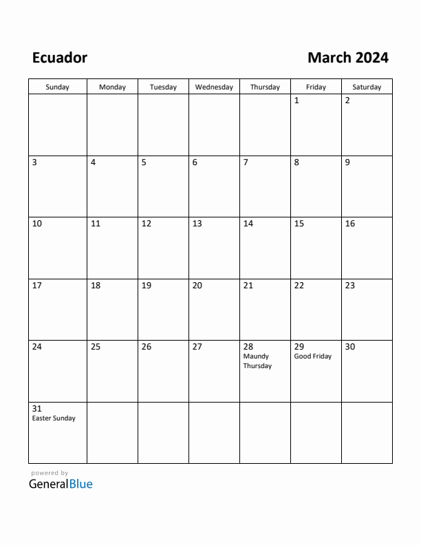 March 2024 Calendar with Ecuador Holidays