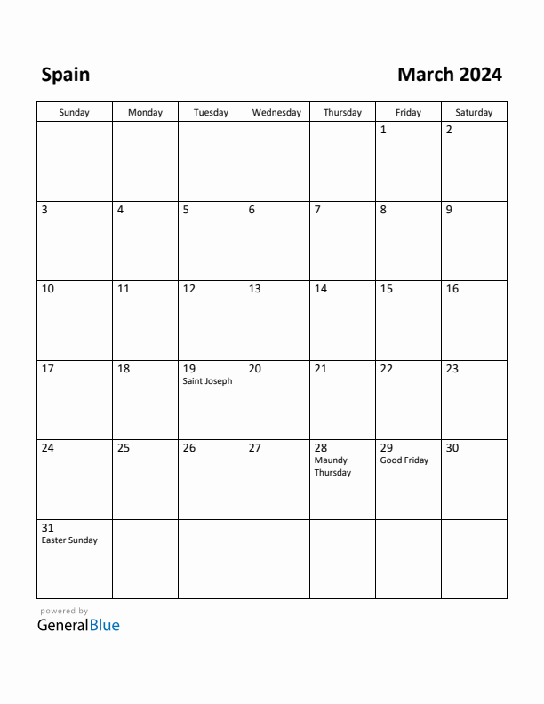 Free Printable March 2024 Calendar for Spain