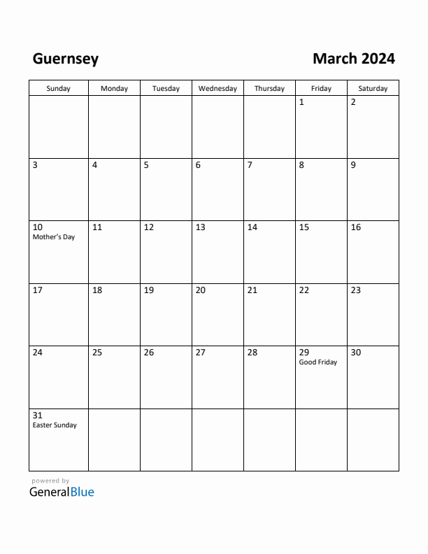 March 2024 Calendar with Guernsey Holidays
