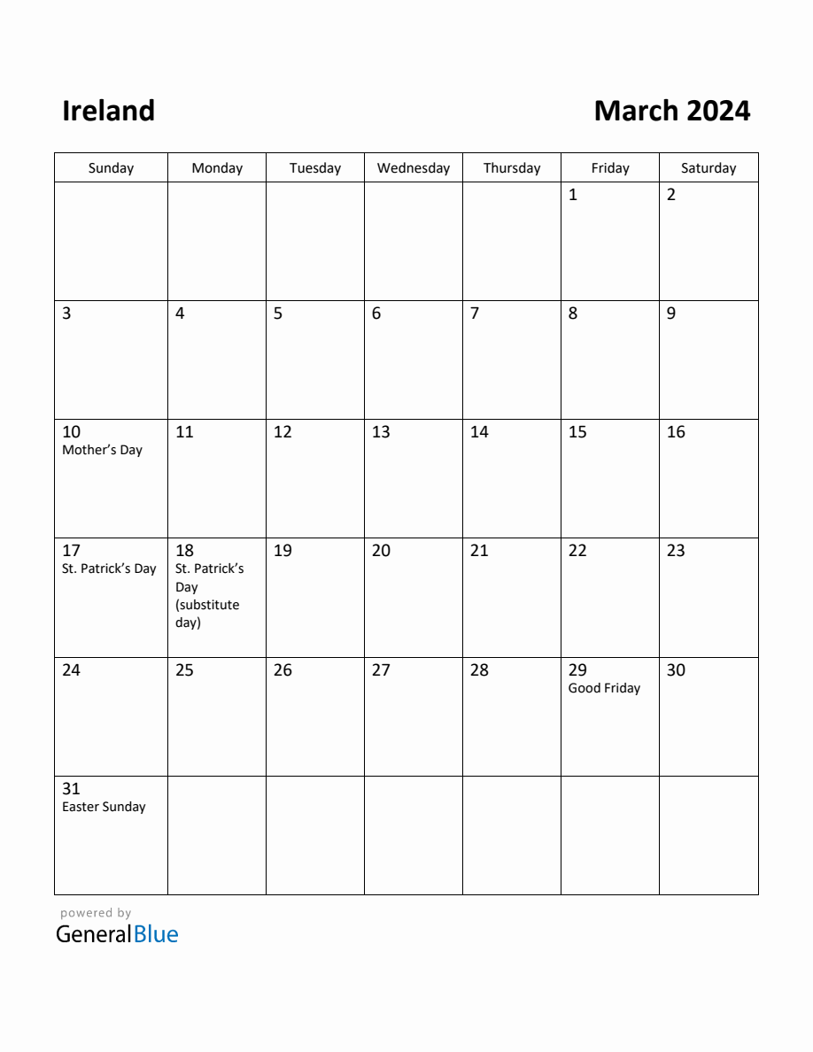 Free Printable March 2024 Calendar for Ireland