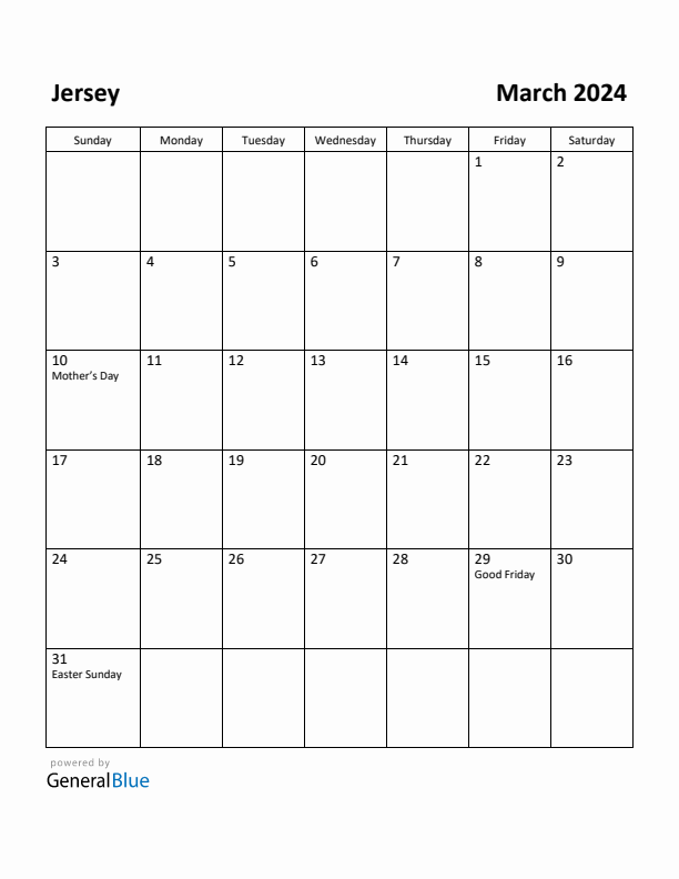 March 2024 Calendar with Jersey Holidays