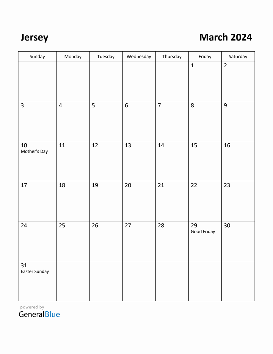 Free Printable March 2024 Calendar for Jersey