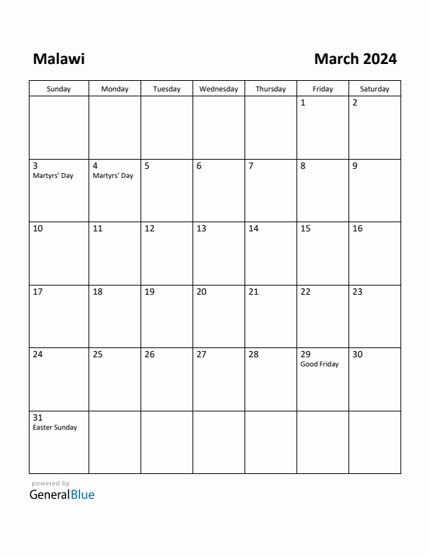 March 2024 Calendar with Malawi Holidays