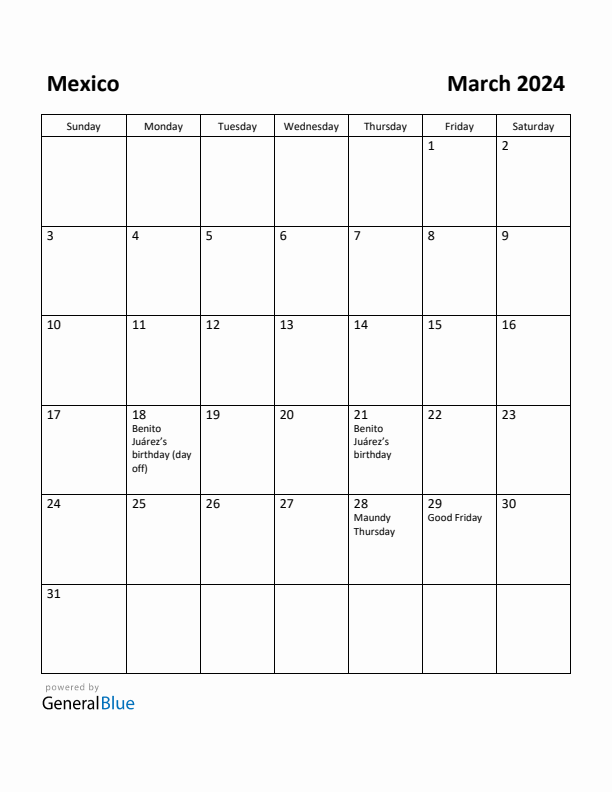 March 2024 Monthly Calendar with Mexico Holidays