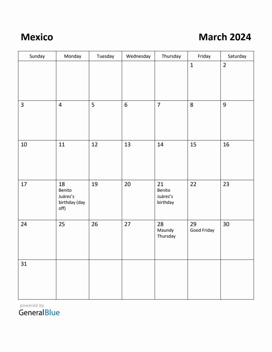 Free Printable March 2024 Calendar for Mexico