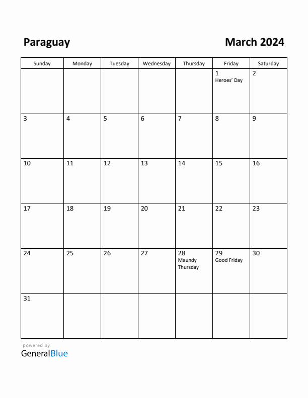 March 2024 Calendar with Paraguay Holidays