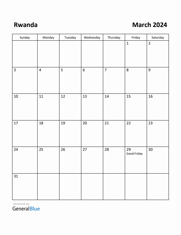 March 2024 Calendar with Rwanda Holidays