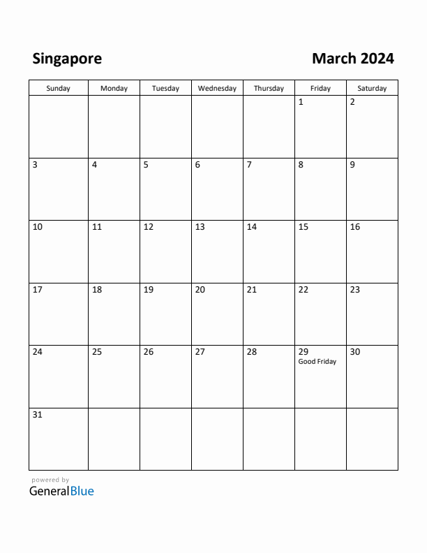 Free Printable March 2024 Calendar for Singapore