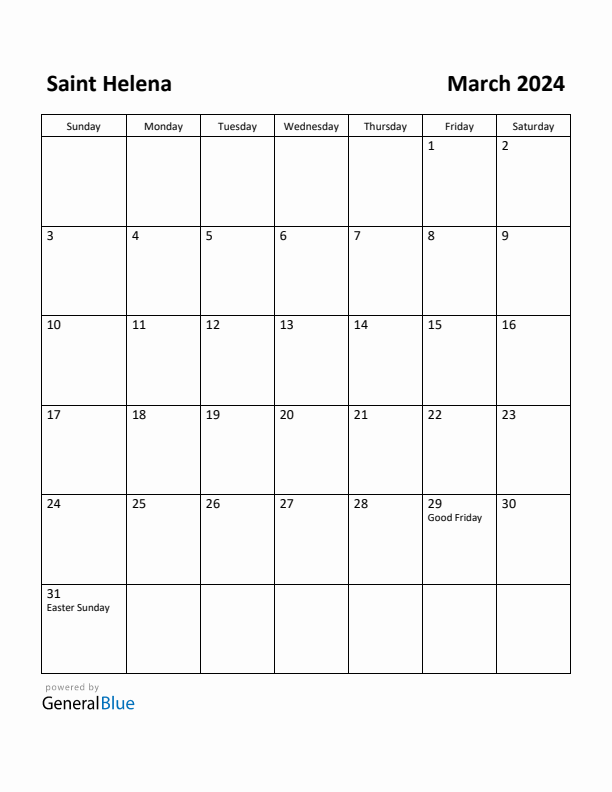 March 2024 Calendar with Saint Helena Holidays