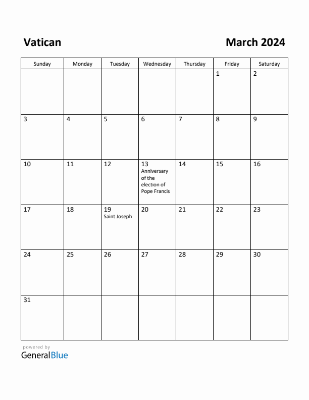 Free Printable March 2024 Calendar for Vatican