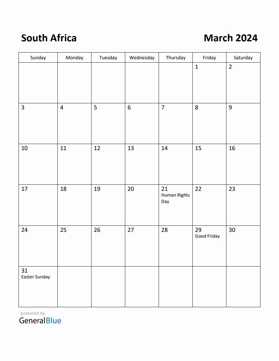 Free Printable March 2024 Calendar for South Africa