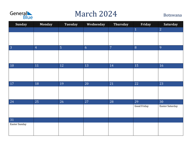 March 2024 Botswana Calendar