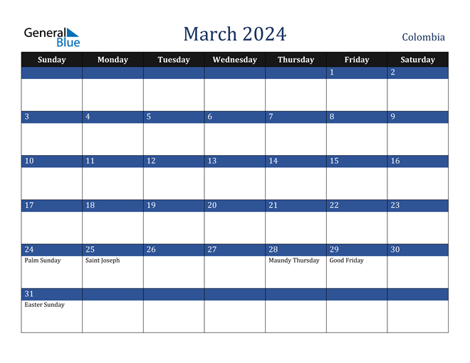 March 2024 Colombia Calendar