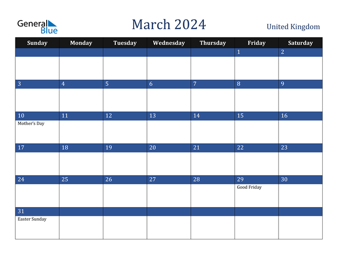 March 2024 Calendar with United Kingdom Holidays