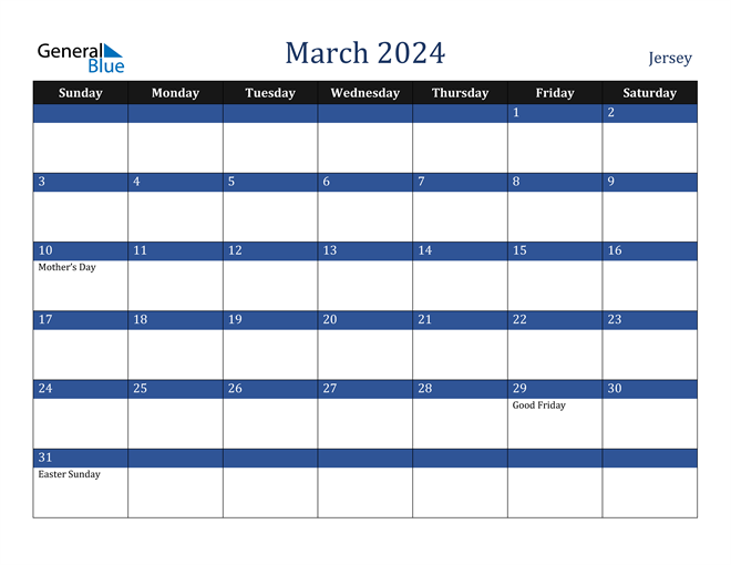 March 2024 Jersey Calendar