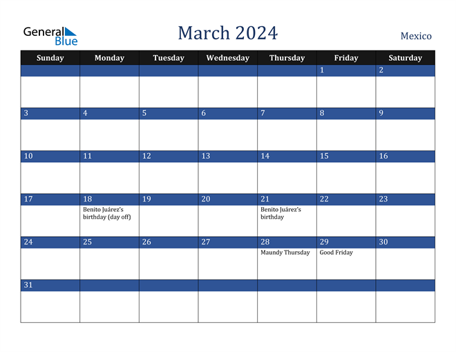 March 2024 Mexico Calendar