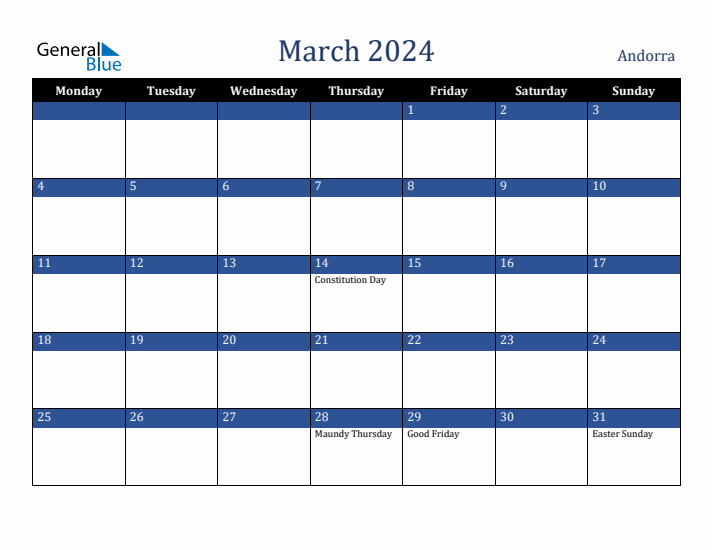 March 2024 Andorra Calendar (Monday Start)