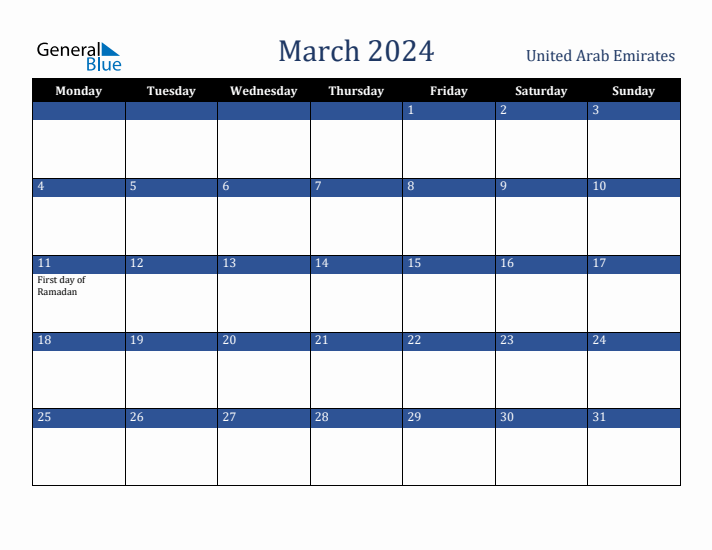 March 2024 United Arab Emirates Calendar (Monday Start)