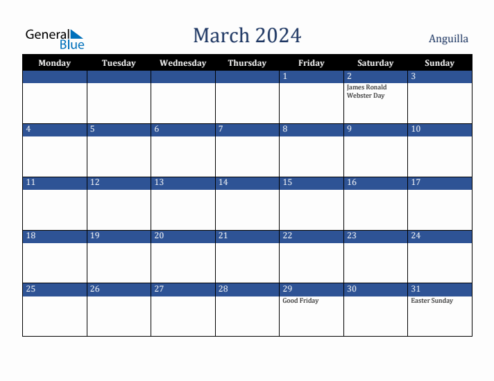 March 2024 Anguilla Calendar (Monday Start)