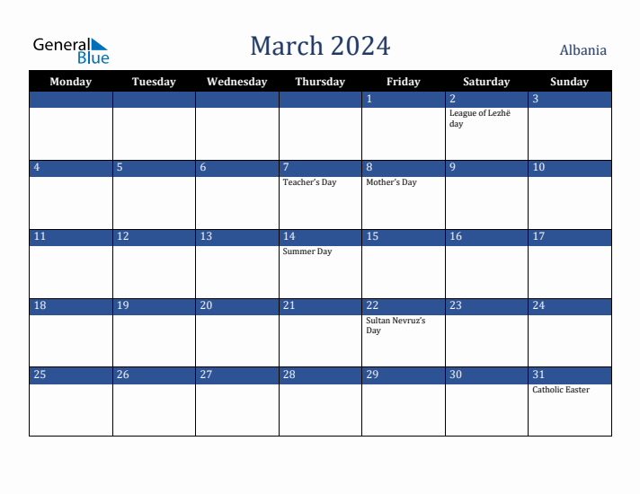 March 2024 Albania Calendar (Monday Start)