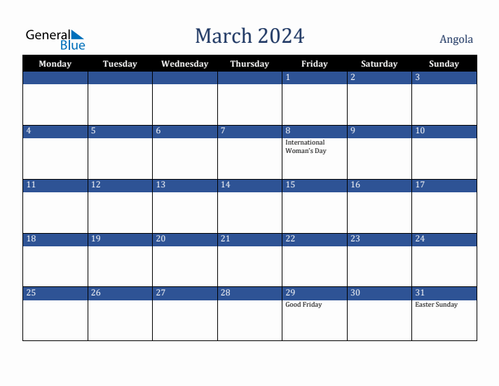 March 2024 Angola Calendar (Monday Start)