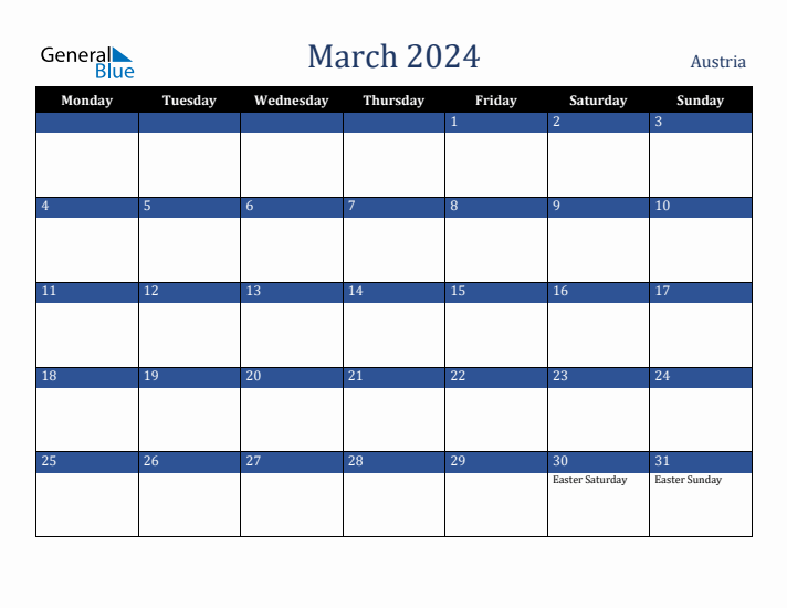 March 2024 Austria Calendar (Monday Start)