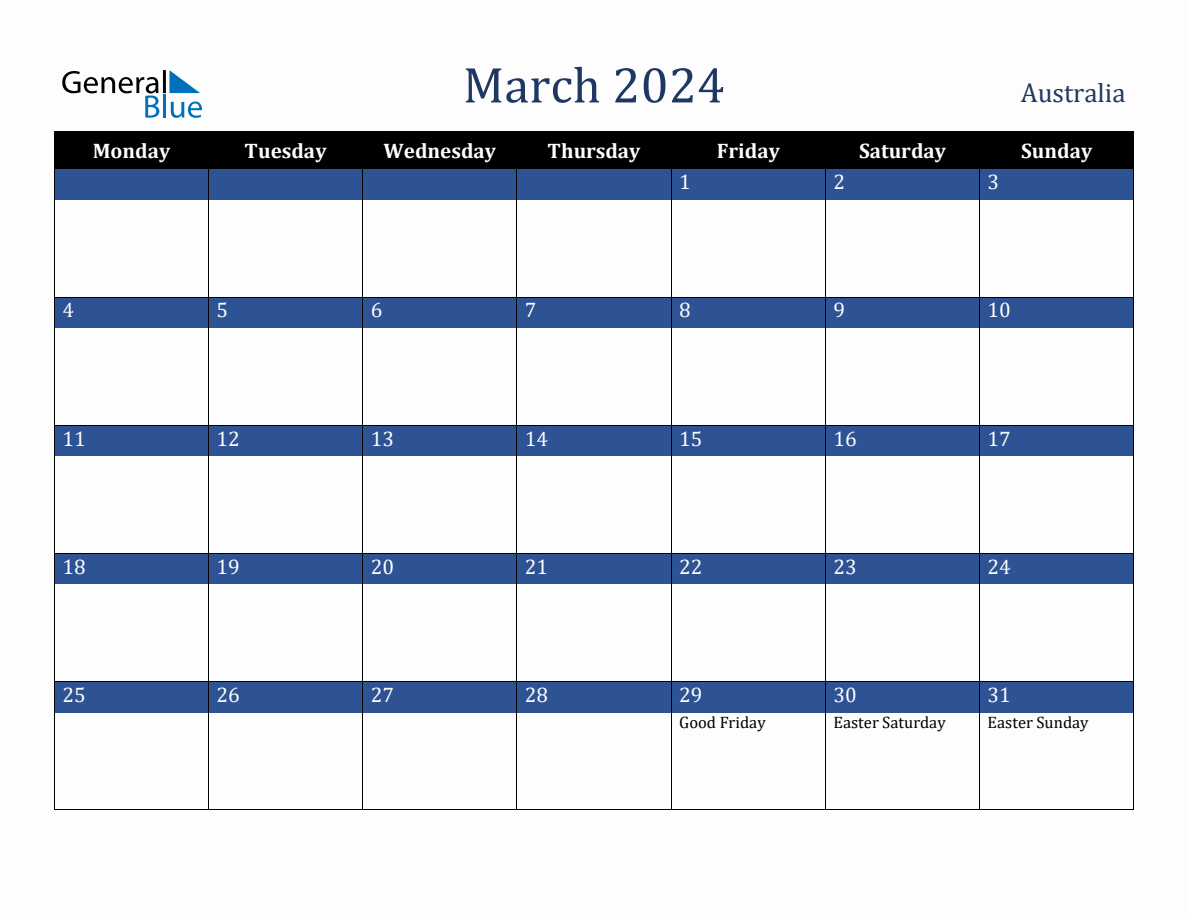 March 2024 Australia Holiday Calendar