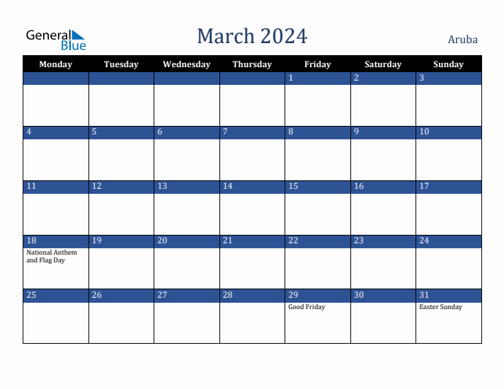 March 2024 Aruba Calendar (Monday Start)