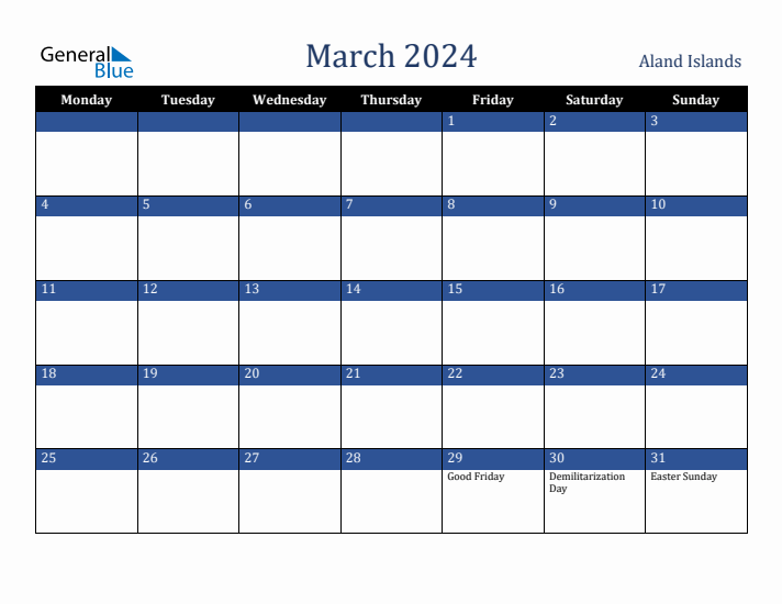 March 2024 Aland Islands Calendar (Monday Start)