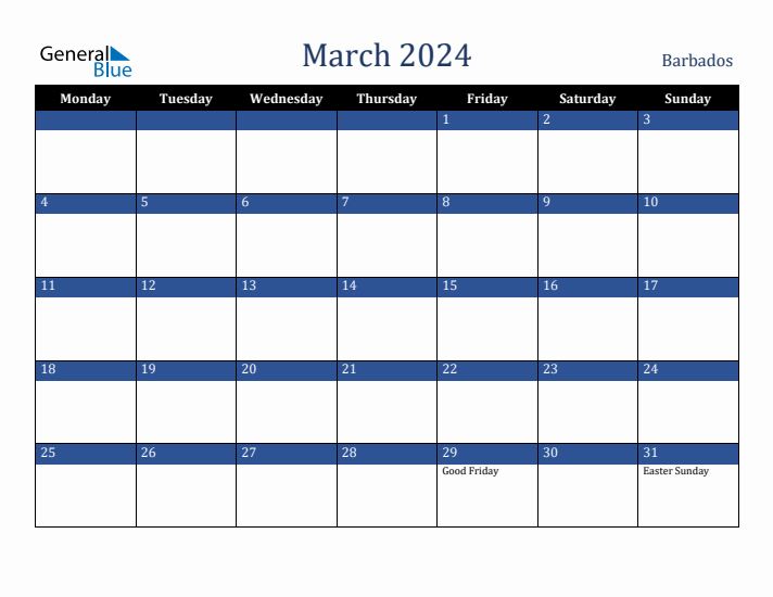 March 2024 Barbados Calendar (Monday Start)