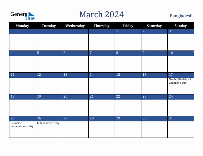 March 2024 Bangladesh Calendar (Monday Start)