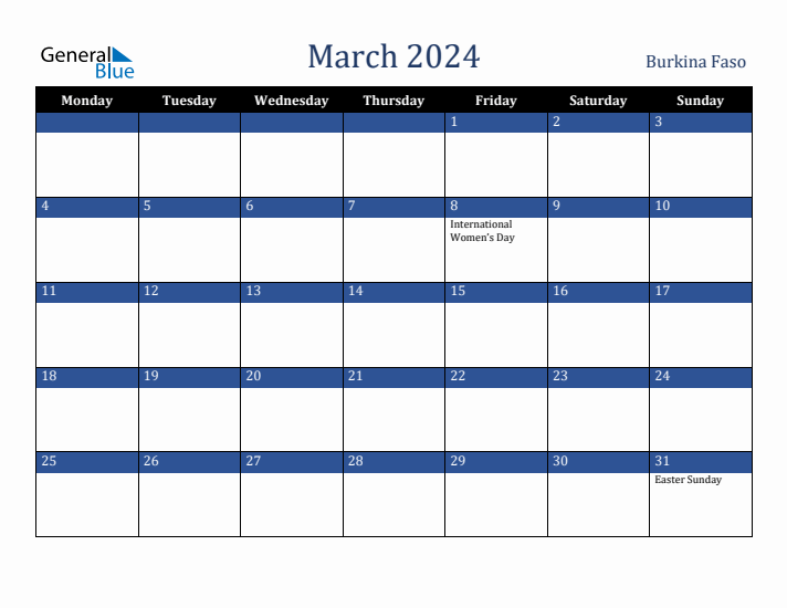 March 2024 Burkina Faso Calendar (Monday Start)