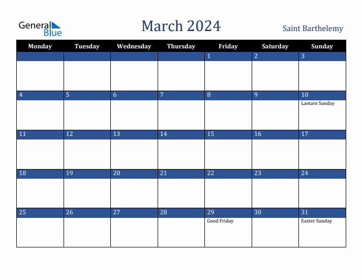 March 2024 Saint Barthelemy Monthly Calendar with Holidays