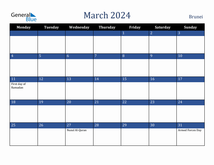 March 2024 Brunei Calendar (Monday Start)