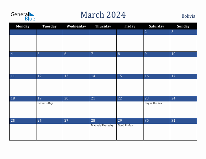 March 2024 Bolivia Calendar (Monday Start)
