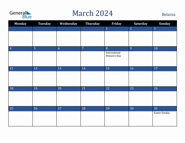 March 2024 Belarus Calendar (Monday Start)