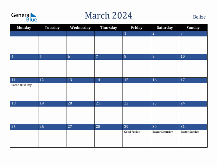 March 2024 Belize Calendar (Monday Start)