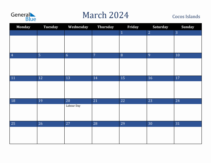 March 2024 Cocos Islands Calendar (Monday Start)