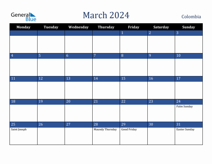 March 2024 Colombia Calendar (Monday Start)