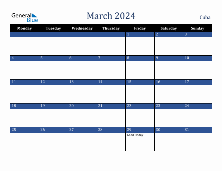 March 2024 Cuba Calendar (Monday Start)