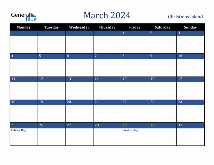 March 2024 Christmas Island Calendar (Monday Start)