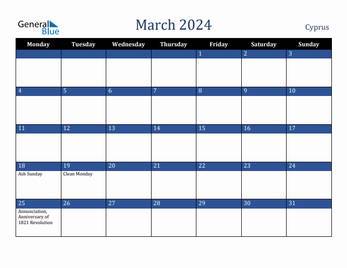 March 2024 Cyprus Calendar (Monday Start)