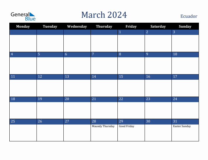March 2024 Ecuador Calendar (Monday Start)